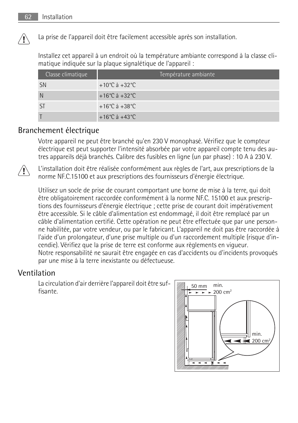 Branchement électrique, Ventilation | AEG SKS68849F1 User Manual | Page 62 / 80