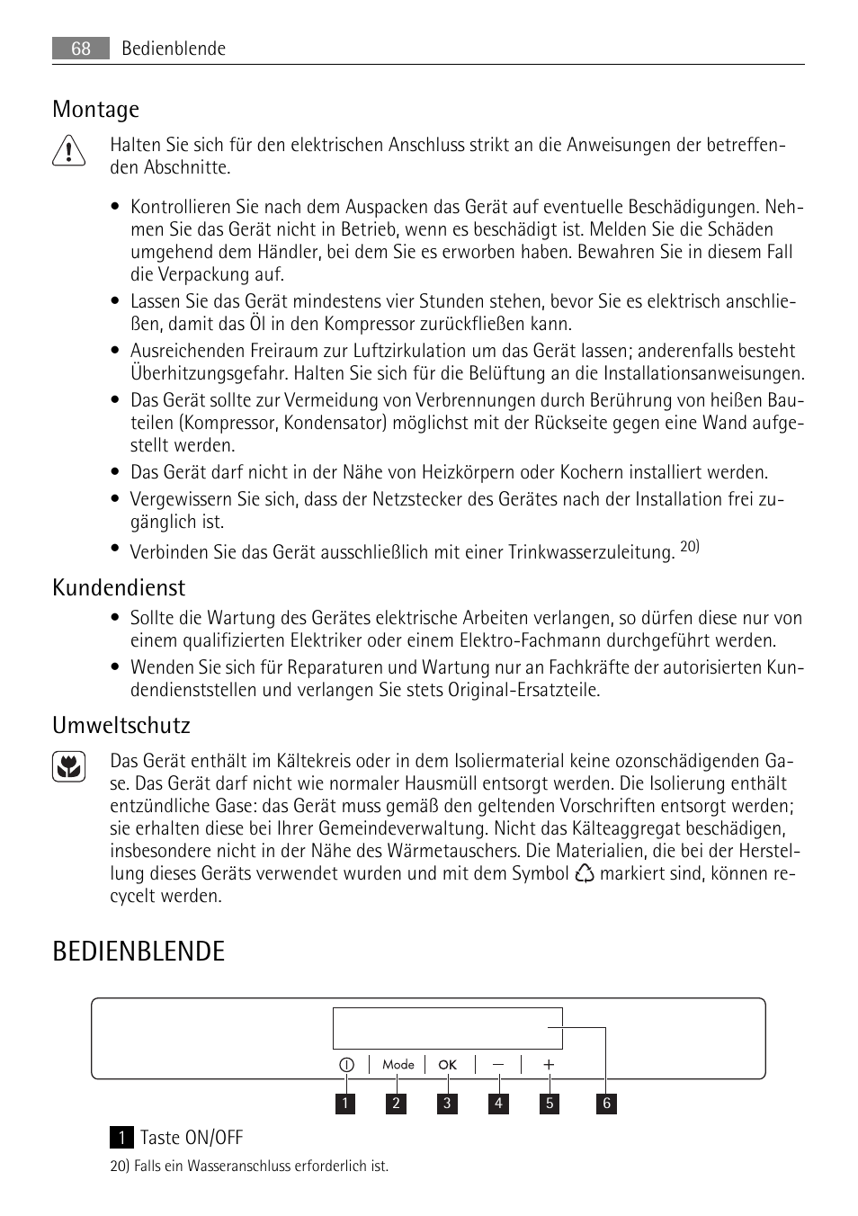 Bedienblende, Montage, Kundendienst | Umweltschutz | AEG SKS68849F1 User Manual | Page 68 / 80