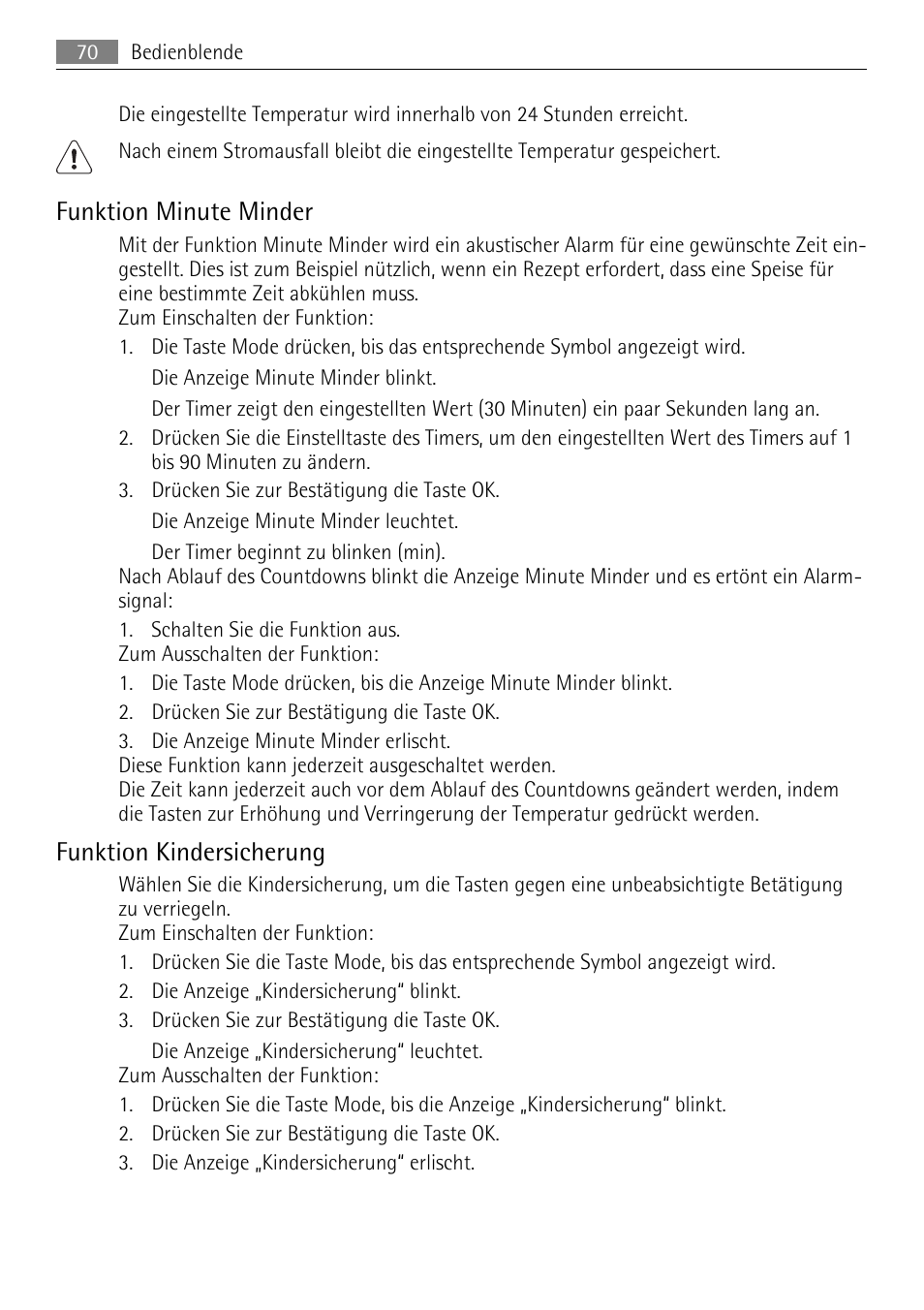 Funktion minute minder, Funktion kindersicherung | AEG SKS68849F1 User Manual | Page 70 / 80