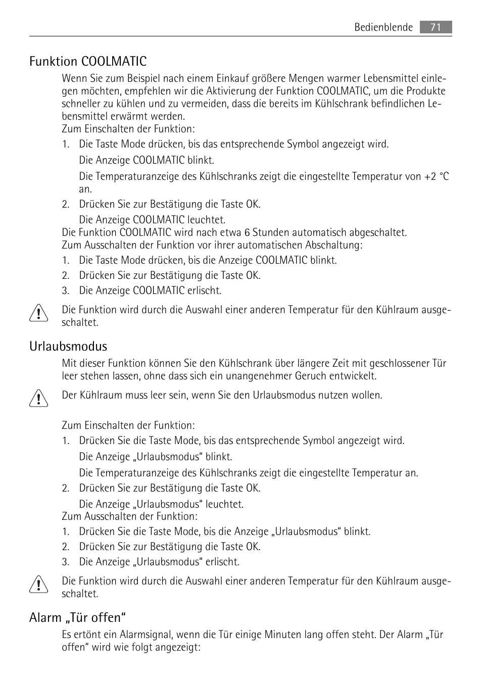 Funktion coolmatic, Urlaubsmodus, Alarm „tür offen | AEG SKS68849F1 User Manual | Page 71 / 80