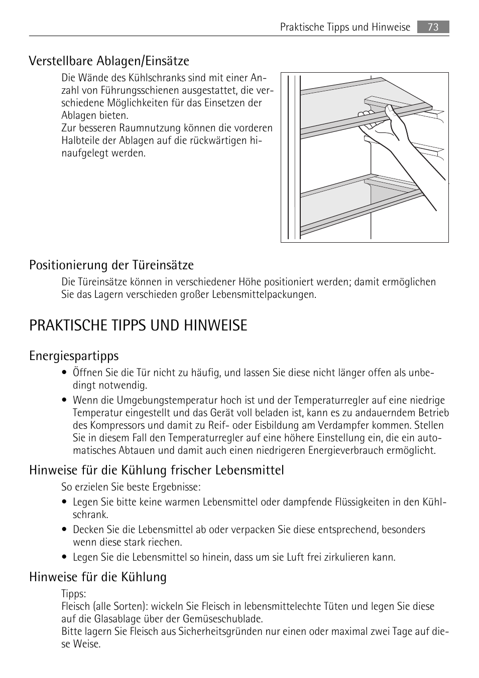 Praktische tipps und hinweise, Verstellbare ablagen/einsätze, Positionierung der türeinsätze | Energiespartipps, Hinweise für die kühlung frischer lebensmittel, Hinweise für die kühlung | AEG SKS68849F1 User Manual | Page 73 / 80
