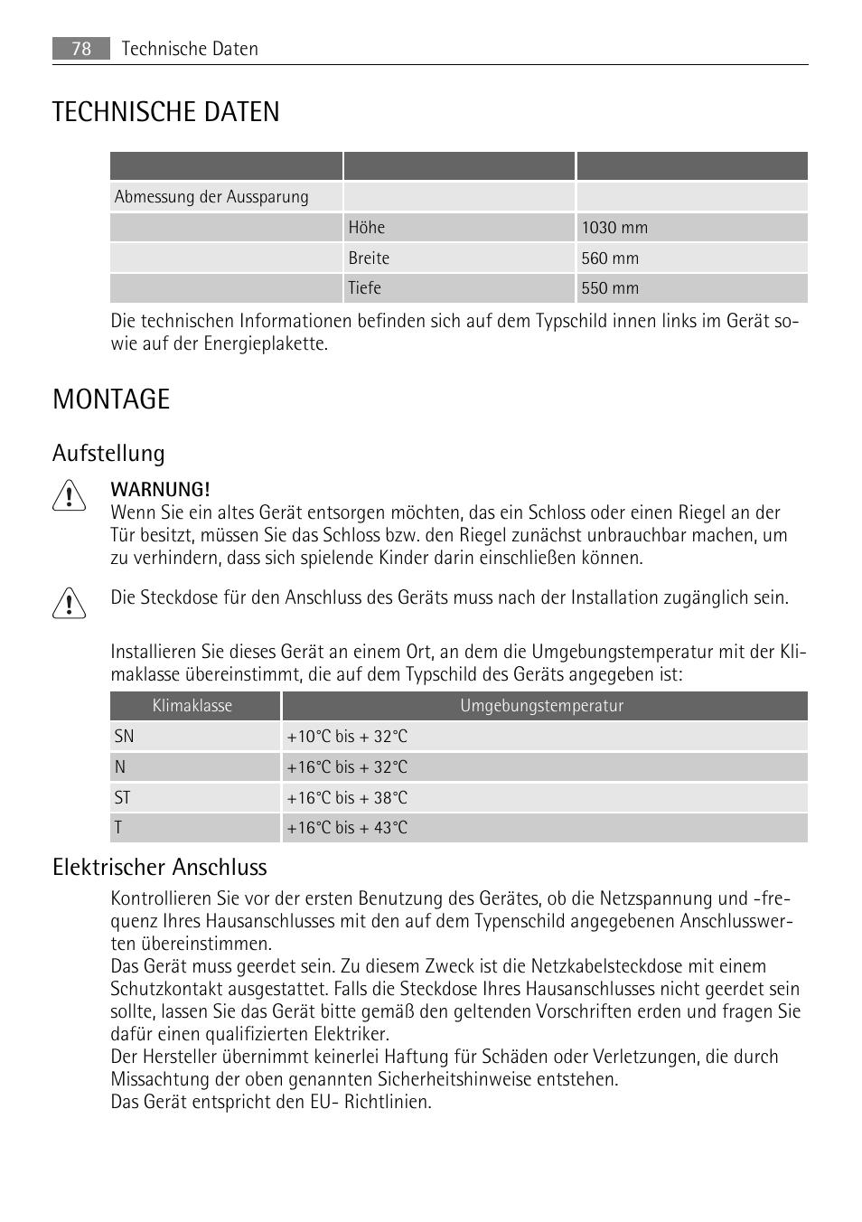 Technische daten, Montage, Aufstellung | Elektrischer anschluss | AEG SKS68849F1 User Manual | Page 78 / 80