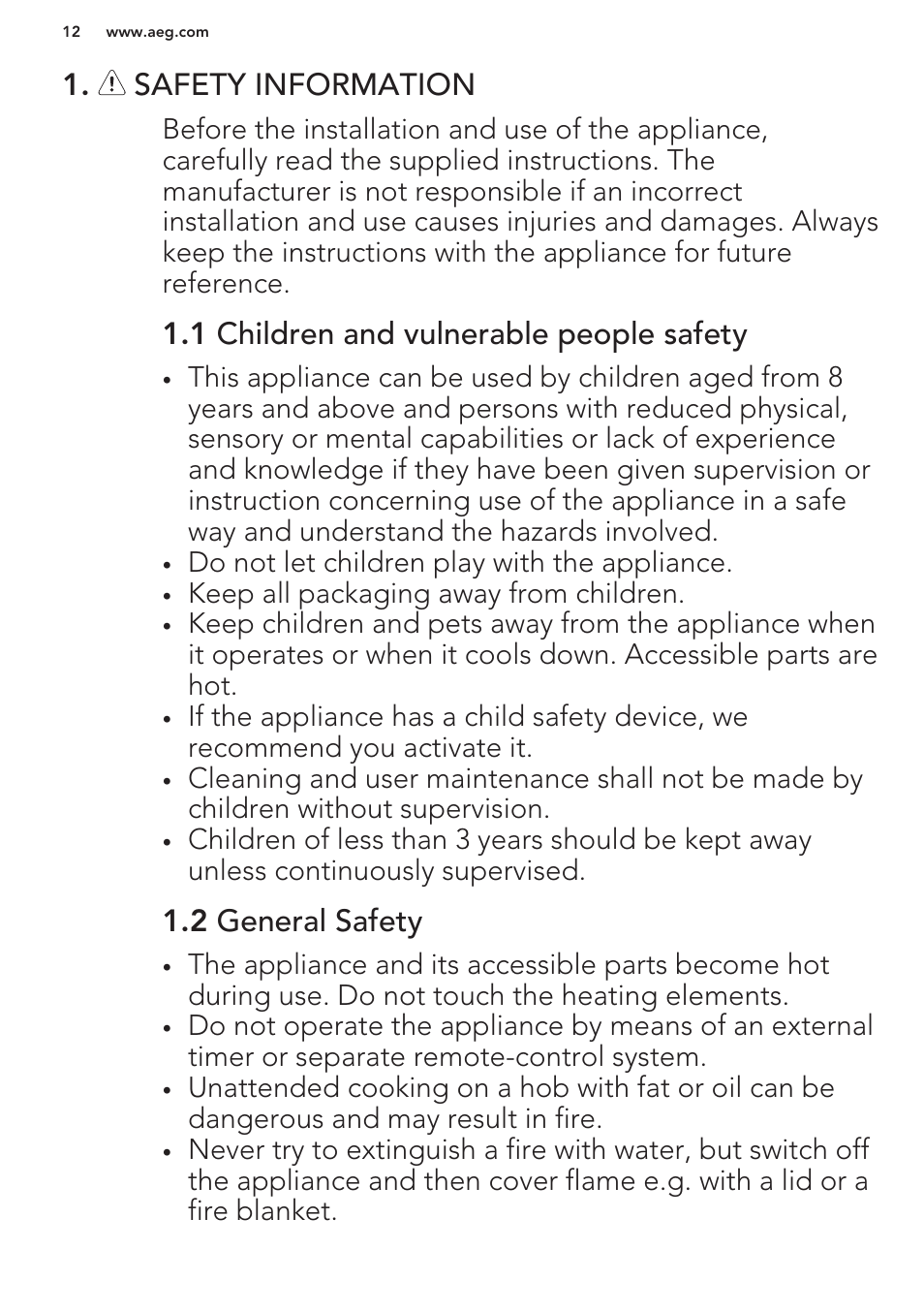 Safety information, 1 children and vulnerable people safety, 2 general safety | AEG HC452020EB User Manual | Page 12 / 40