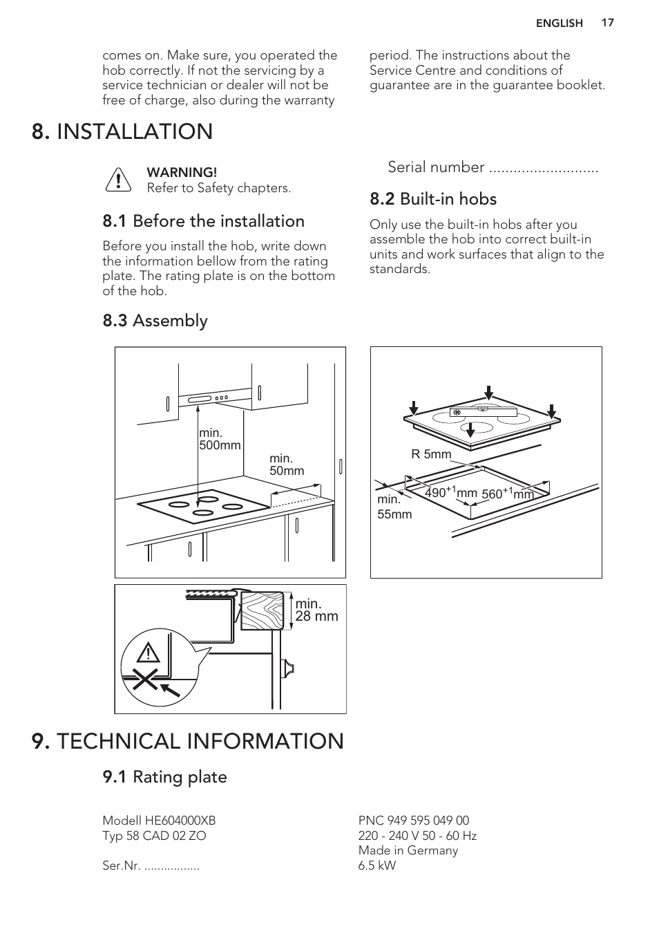 Installation, 1 before the installation, 2 built-in hobs | 3 assembly, Technical information, 1 rating plate, Installation 9. technical information | AEG HC452020EB User Manual | Page 17 / 40