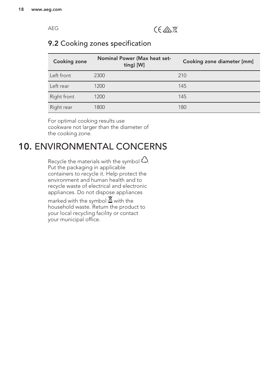 2 cooking zones specification, Environmental concerns | AEG HC452020EB User Manual | Page 18 / 40