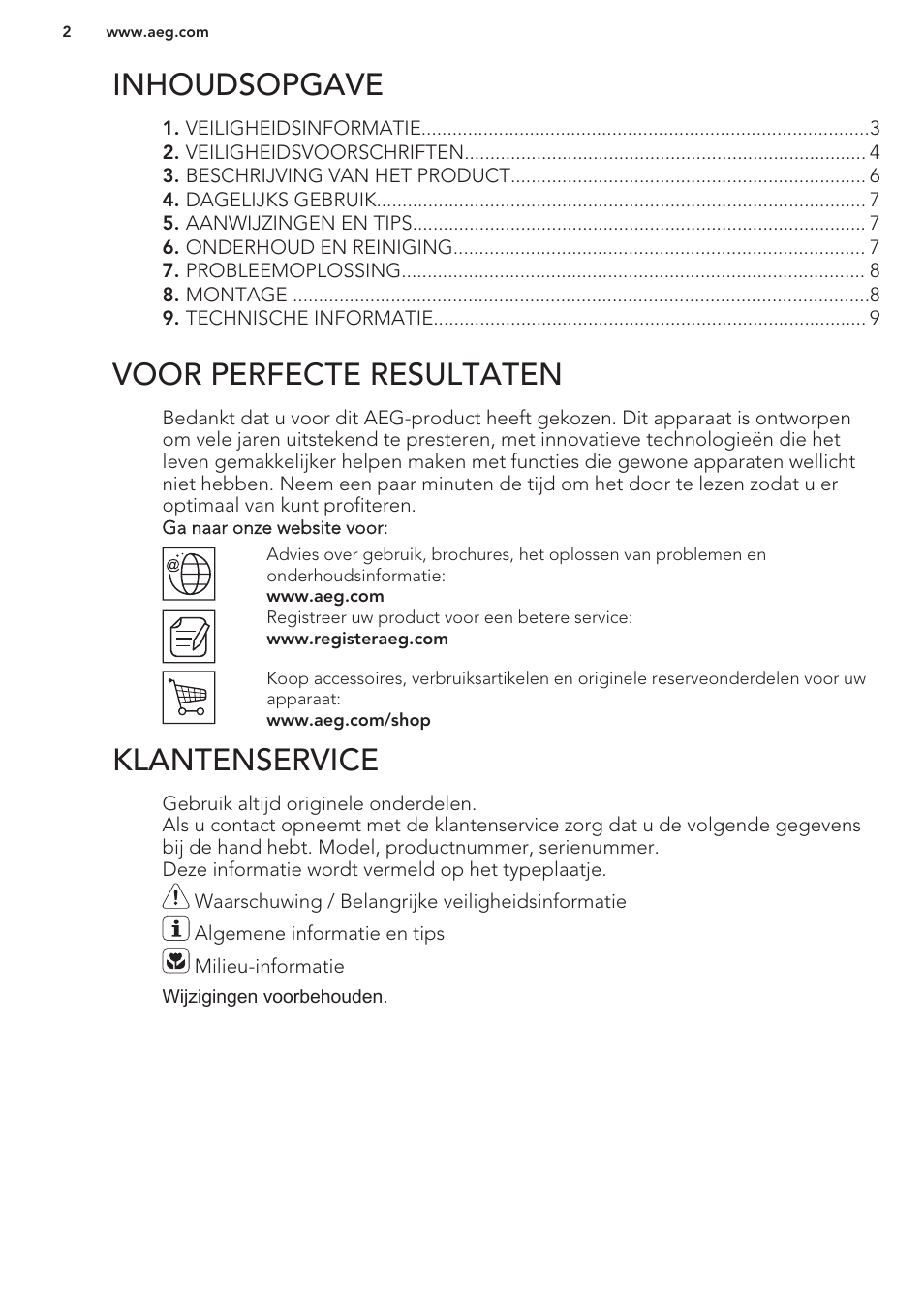 Inhoudsopgave, Gebruiksaanwijzing, Voor perfecte resultaten | Klantenservice | AEG HC452020EB User Manual | Page 2 / 40