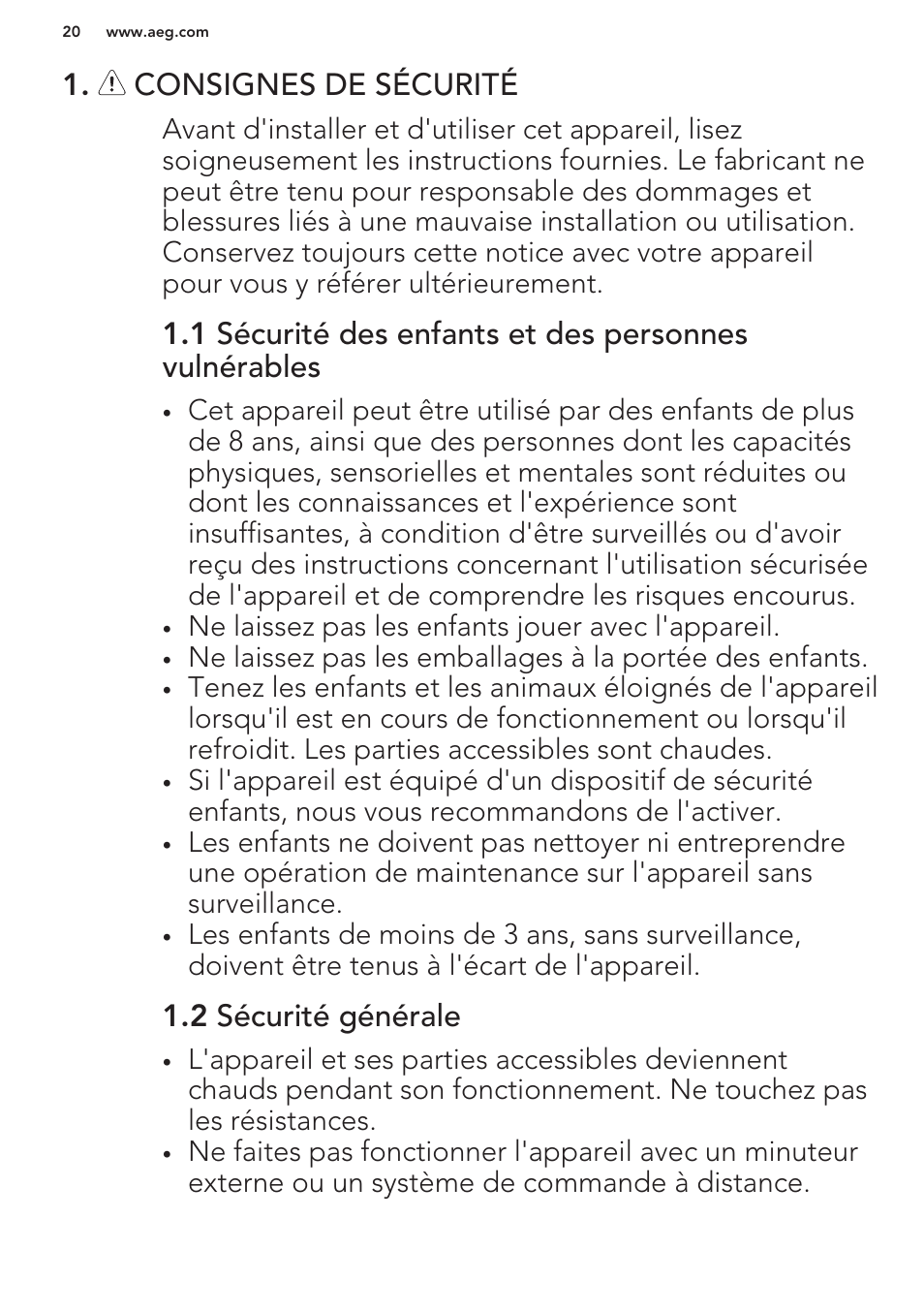 Consignes de sécurité, 2 sécurité générale | AEG HC452020EB User Manual | Page 20 / 40