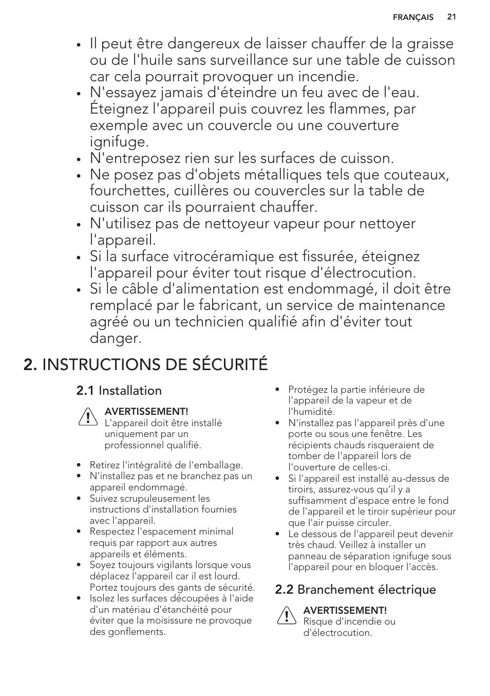 Instructions de sécurité, 1 installation, 2 branchement électrique | N'entreposez rien sur les surfaces de cuisson | AEG HC452020EB User Manual | Page 21 / 40