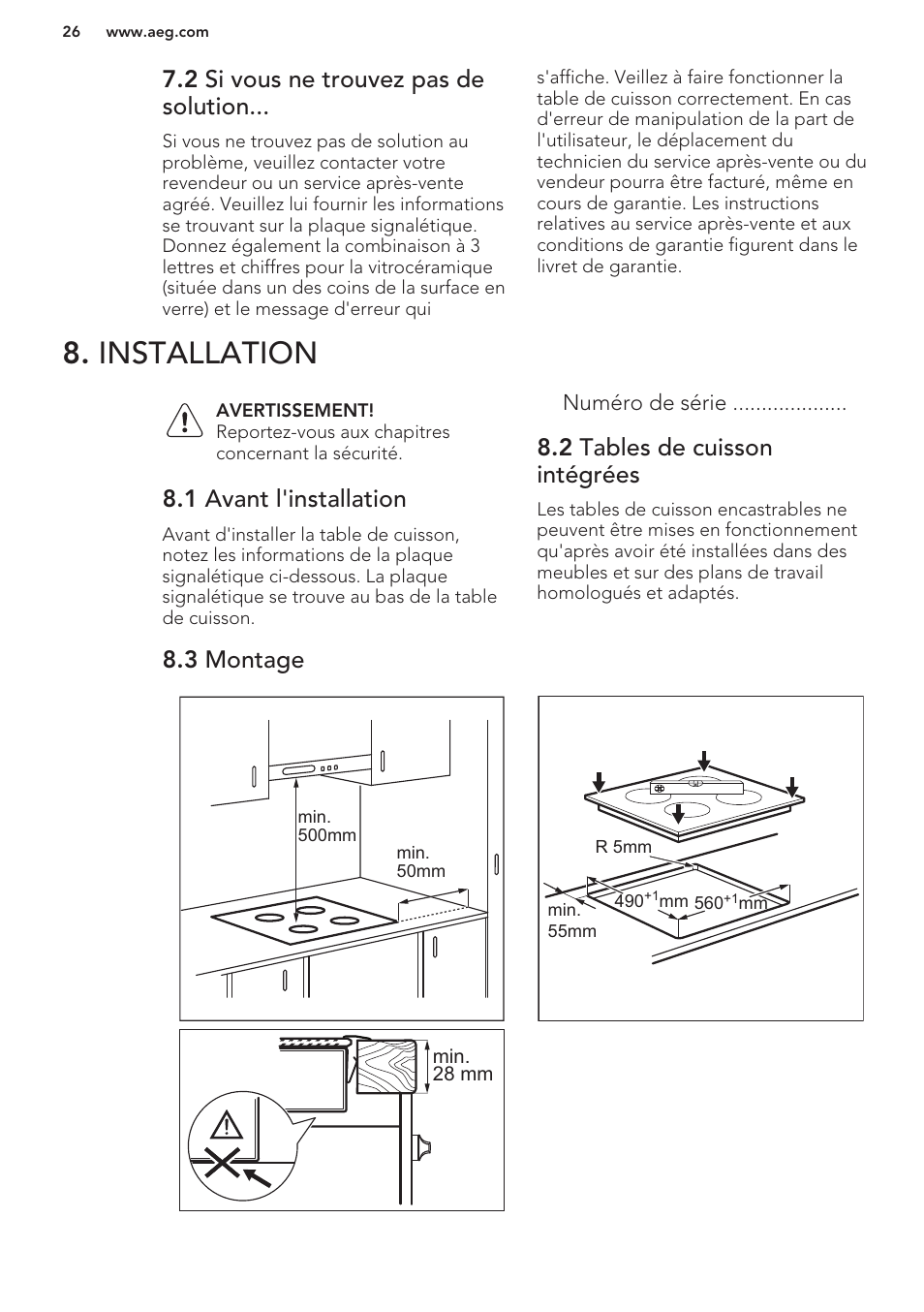 2 si vous ne trouvez pas de solution, Installation, 1 avant l'installation | 2 tables de cuisson intégrées, 3 montage | AEG HC452020EB User Manual | Page 26 / 40