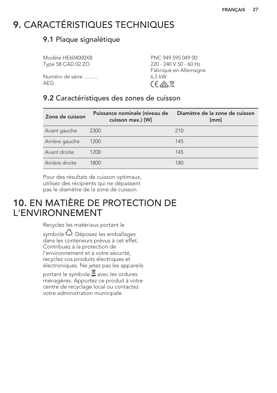 Caractéristiques techniques, 1 plaque signalétique, 2 caractéristiques des zones de cuisson | En matière de protection de l'environnement | AEG HC452020EB User Manual | Page 27 / 40