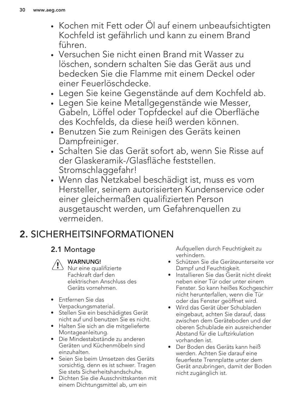 Sicherheitsinformationen, 1 montage, Legen sie keine gegenstände auf dem kochfeld ab | AEG HC452020EB User Manual | Page 30 / 40