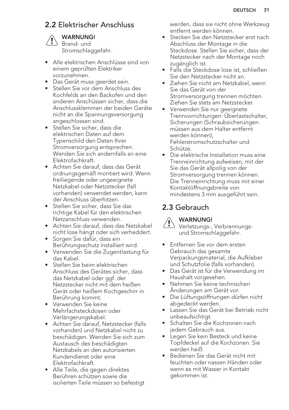 2 elektrischer anschluss, 3 gebrauch | AEG HC452020EB User Manual | Page 31 / 40