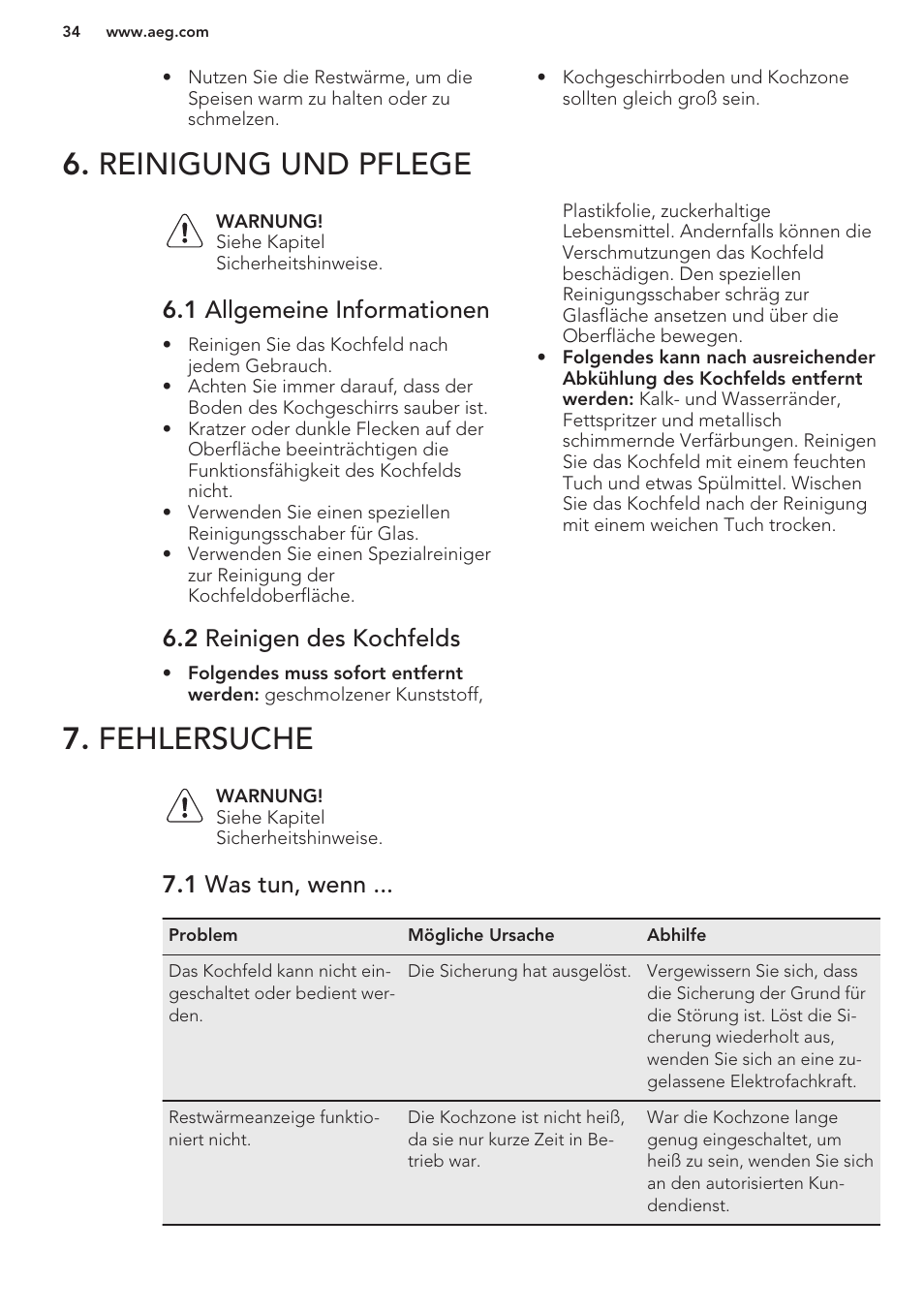 Reinigung und pflege, 1 allgemeine informationen, 2 reinigen des kochfelds | Fehlersuche, 1 was tun, wenn, Reinigung und pflege 7. fehlersuche | AEG HC452020EB User Manual | Page 34 / 40