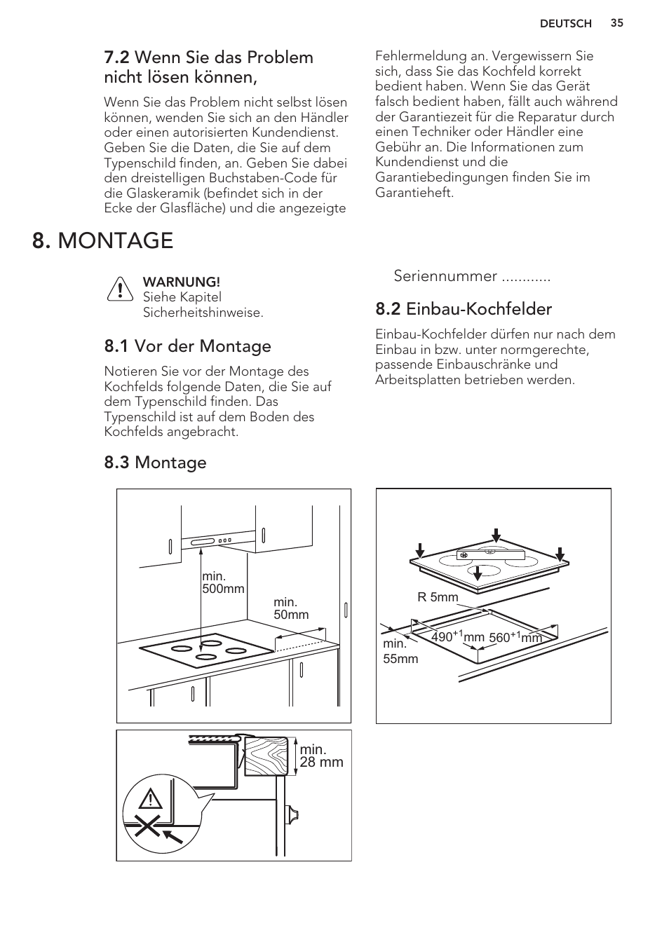 2 wenn sie das problem nicht lösen können, Montage, 1 vor der montage | 2 einbau-kochfelder, 3 montage | AEG HC452020EB User Manual | Page 35 / 40