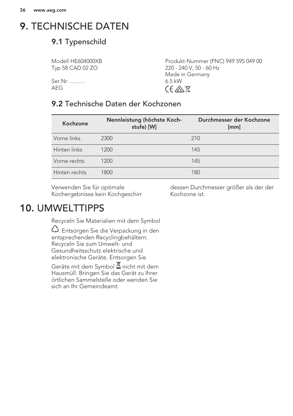 Technische daten, 1 typenschild, 2 technische daten der kochzonen | Umwelttipps | AEG HC452020EB User Manual | Page 36 / 40