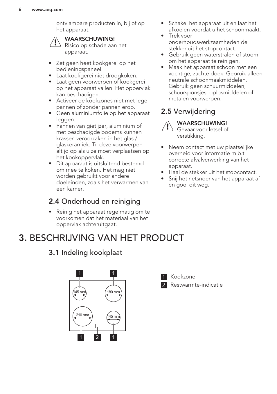 4 onderhoud en reiniging, 5 verwijdering, Beschrijving van het product | 1 indeling kookplaat | AEG HC452020EB User Manual | Page 6 / 40