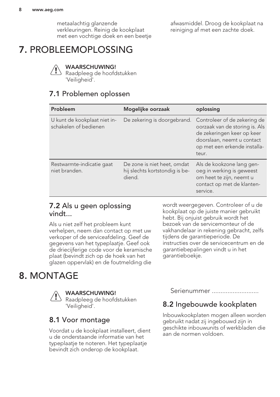 Probleemoplossing, 1 problemen oplossen, 2 als u geen oplossing vindt | Montage, 1 voor montage, 2 ingebouwde kookplaten, Probleemoplossing 8. montage | AEG HC452020EB User Manual | Page 8 / 40