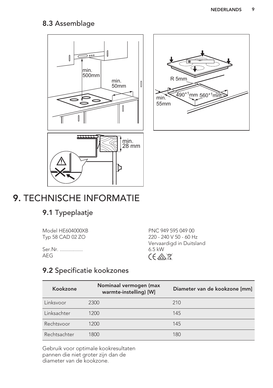 3 assemblage, Technische informatie, 1 typeplaatje | 2 specificatie kookzones | AEG HC452020EB User Manual | Page 9 / 40