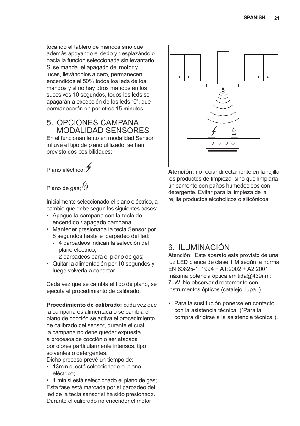 Opciones campana modalidad sensores, Iluminación | AEG X89463MD02 User Manual | Page 21 / 72