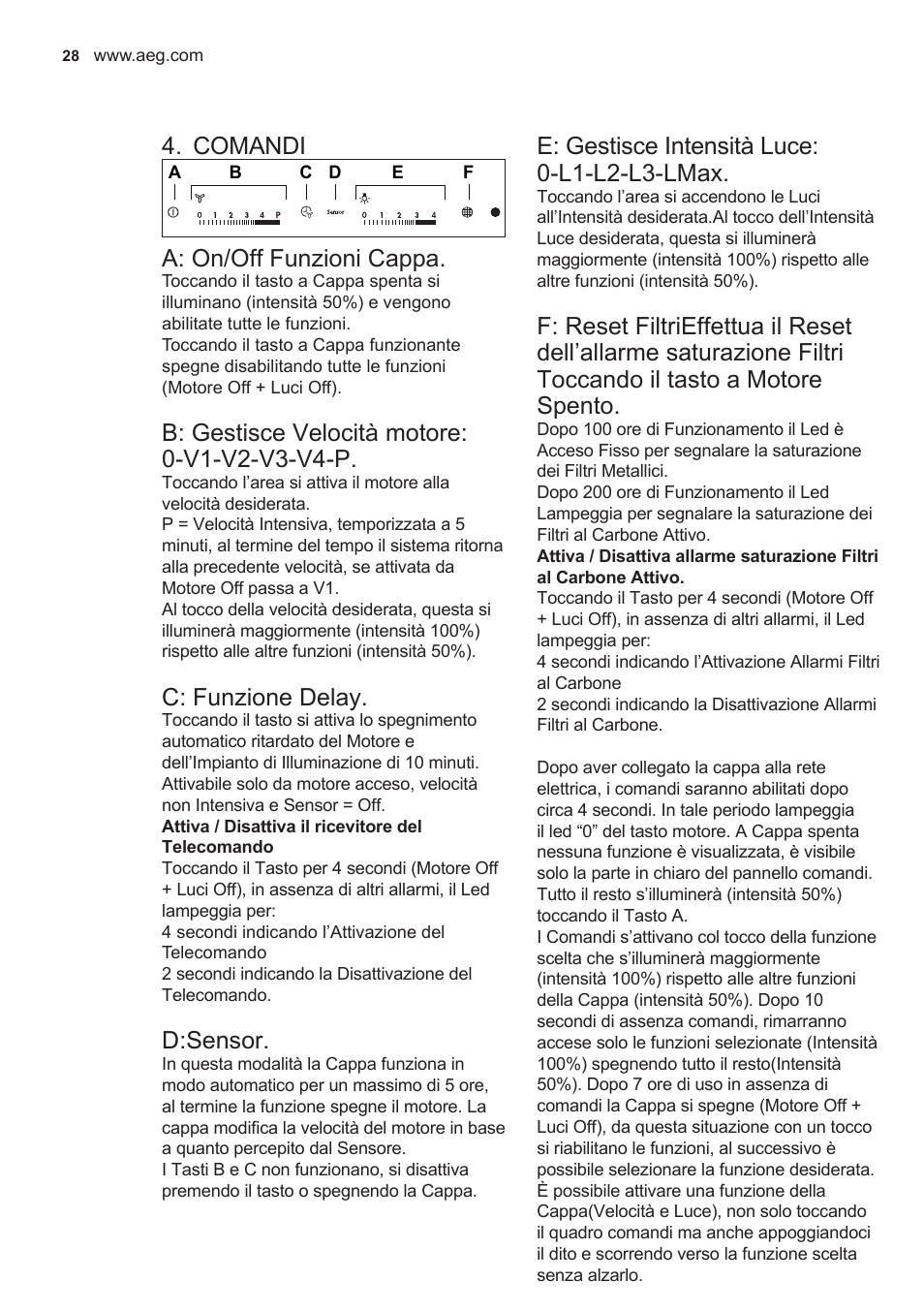 Comandi, A: on/off funzioni cappa, C: funzione delay | D:sensor, E: gestisce intensità luce: 0-l1-l2-l3-lmax | AEG X89463MD02 User Manual | Page 28 / 72