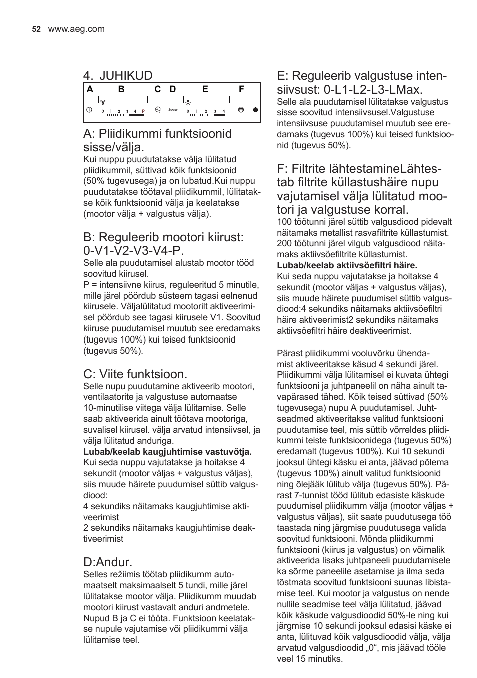 Juhikud, A: pliidikummi funktsioonid sisse/välja, C: viite funktsioon | D:andur | AEG X89463MD02 User Manual | Page 52 / 72