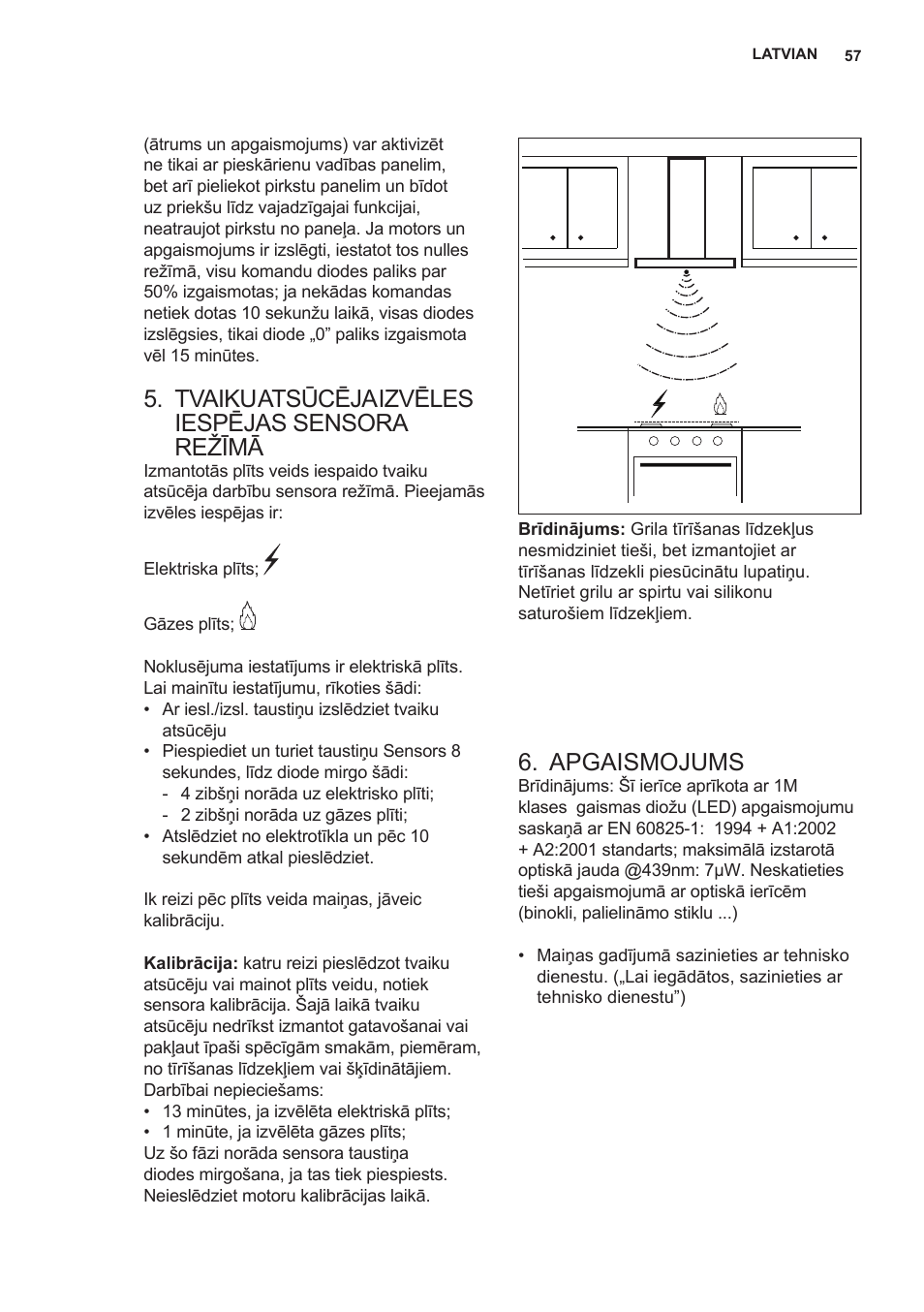 Tvaiku atsūcēja izvēles iespējas sensora režīmā, Apgaismojums | AEG X89463MD02 User Manual | Page 57 / 72