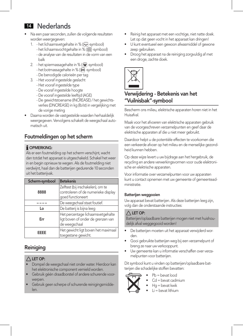 Nederlands, Foutmeldingen op het scherm, Reiniging | AEG PW 5571 FA User Manual | Page 14 / 62
