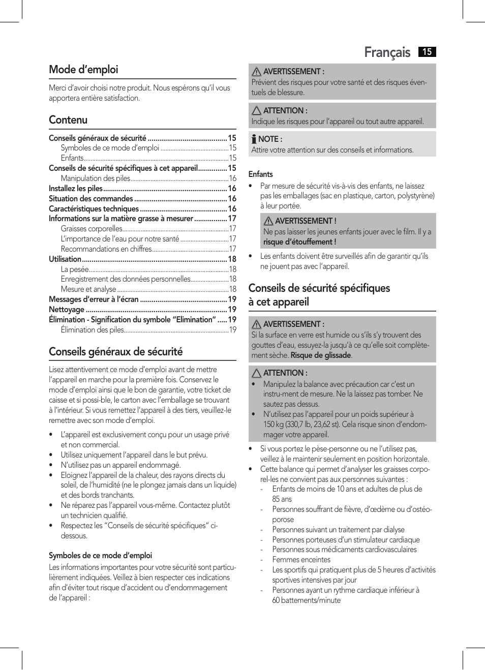 Français, Mode d’emploi, Contenu | Conseils généraux de sécurité, Conseils de sécurité spécifiques à cet appareil | AEG PW 5571 FA User Manual | Page 15 / 62