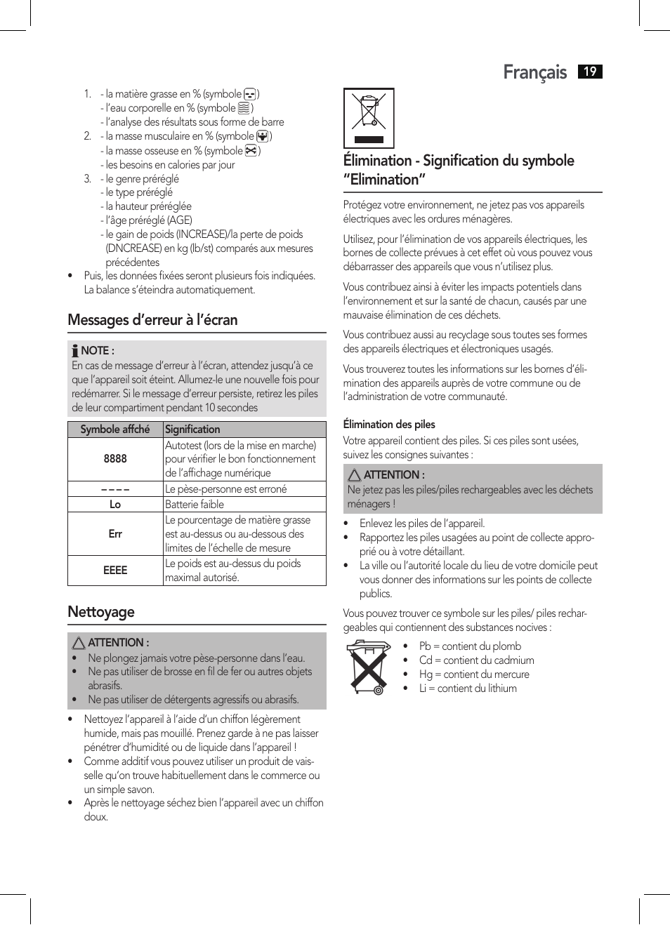 Français, Messages d’erreur à l’écran, Nettoyage | AEG PW 5571 FA User Manual | Page 19 / 62