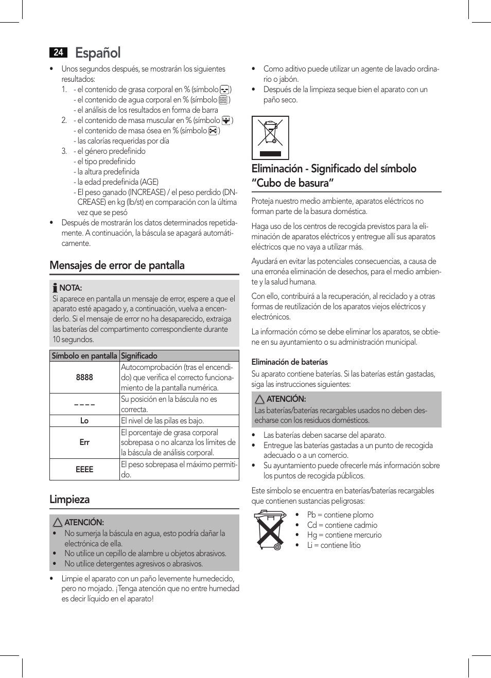 Español, Mensajes de error de pantalla, Limpieza | AEG PW 5571 FA User Manual | Page 24 / 62