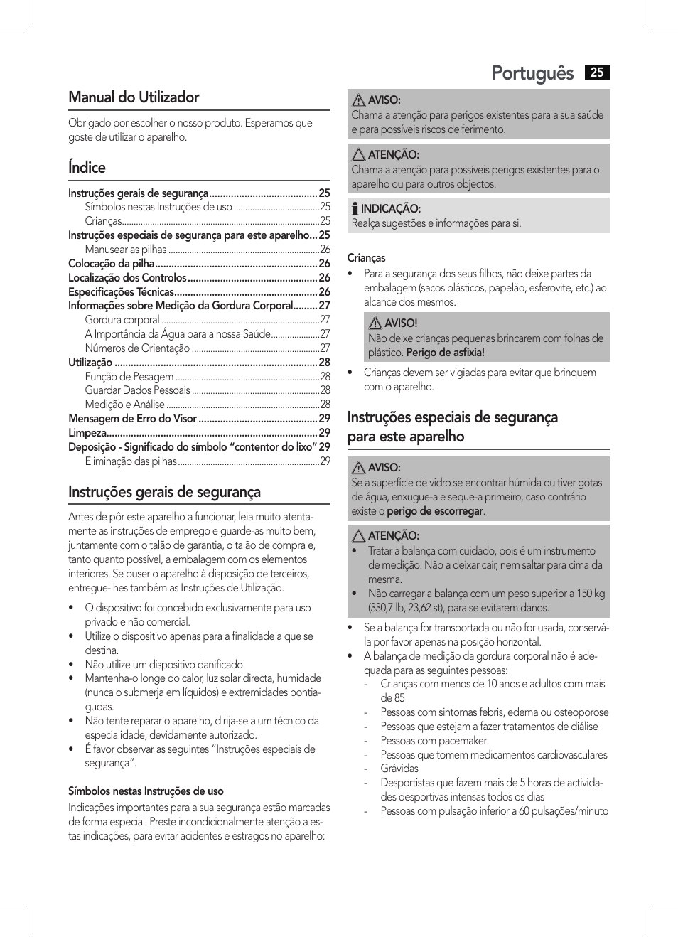 Português, Manual do utilizador, Índice | Instruções gerais de segurança | AEG PW 5571 FA User Manual | Page 25 / 62