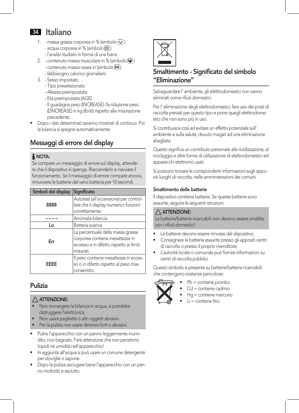 Italiano, Messaggi di errore del display, Pulizia | AEG PW 5571 FA User Manual | Page 34 / 62