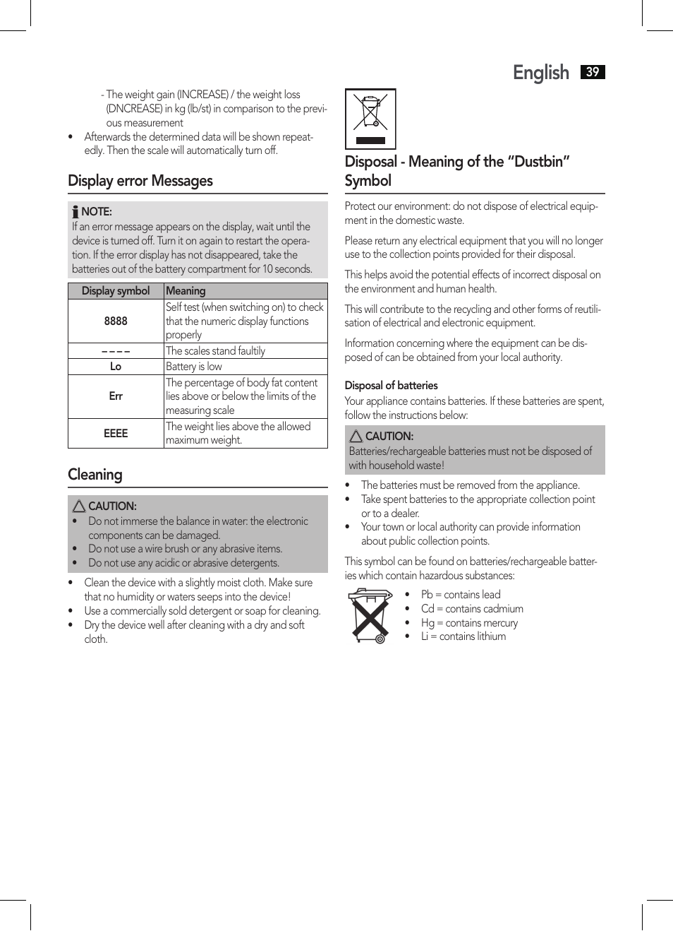 English, Display error messages, Cleaning | Disposal - meaning of the “dustbin” symbol | AEG PW 5571 FA User Manual | Page 39 / 62