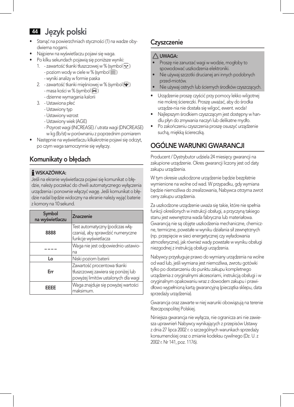 Język polski, Komunikaty o błędach, Czyszczenie | Ogólne warunki gwarancji | AEG PW 5571 FA User Manual | Page 44 / 62