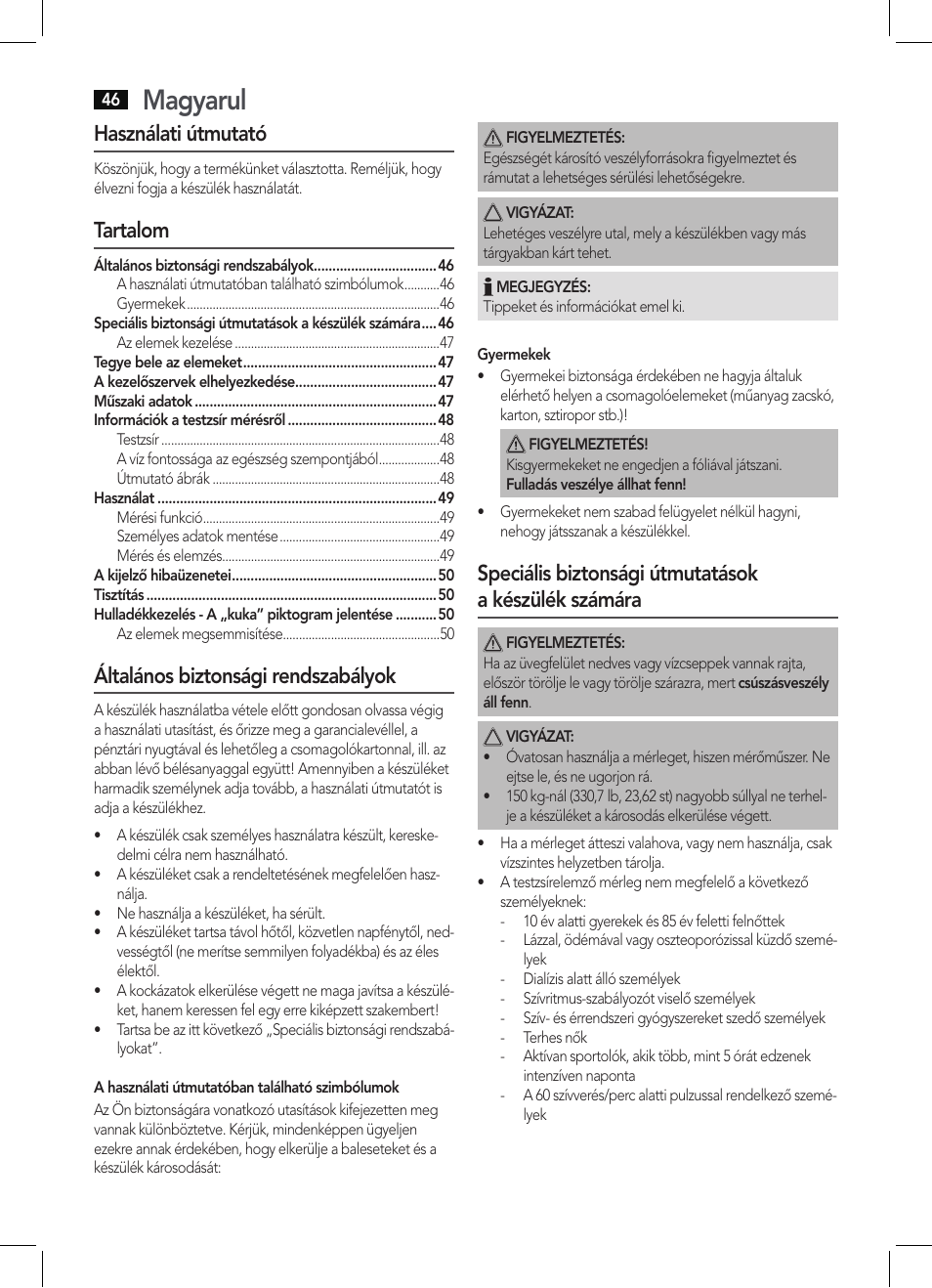 Magyarul, Használati útmutató, Tartalom | Általános biztonsági rendszabályok | AEG PW 5571 FA User Manual | Page 46 / 62
