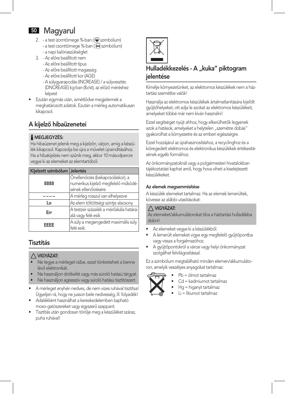 Magyarul, A kijelző hibaüzenetei, Tisztítás | Hulladékkezelés - a „kuka” piktogram jelentése | AEG PW 5571 FA User Manual | Page 50 / 62