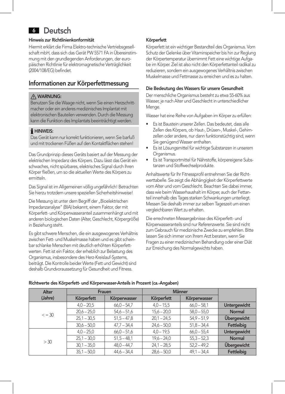 Deutsch, Informationen zur körperfettmessung | AEG PW 5571 FA User Manual | Page 6 / 62