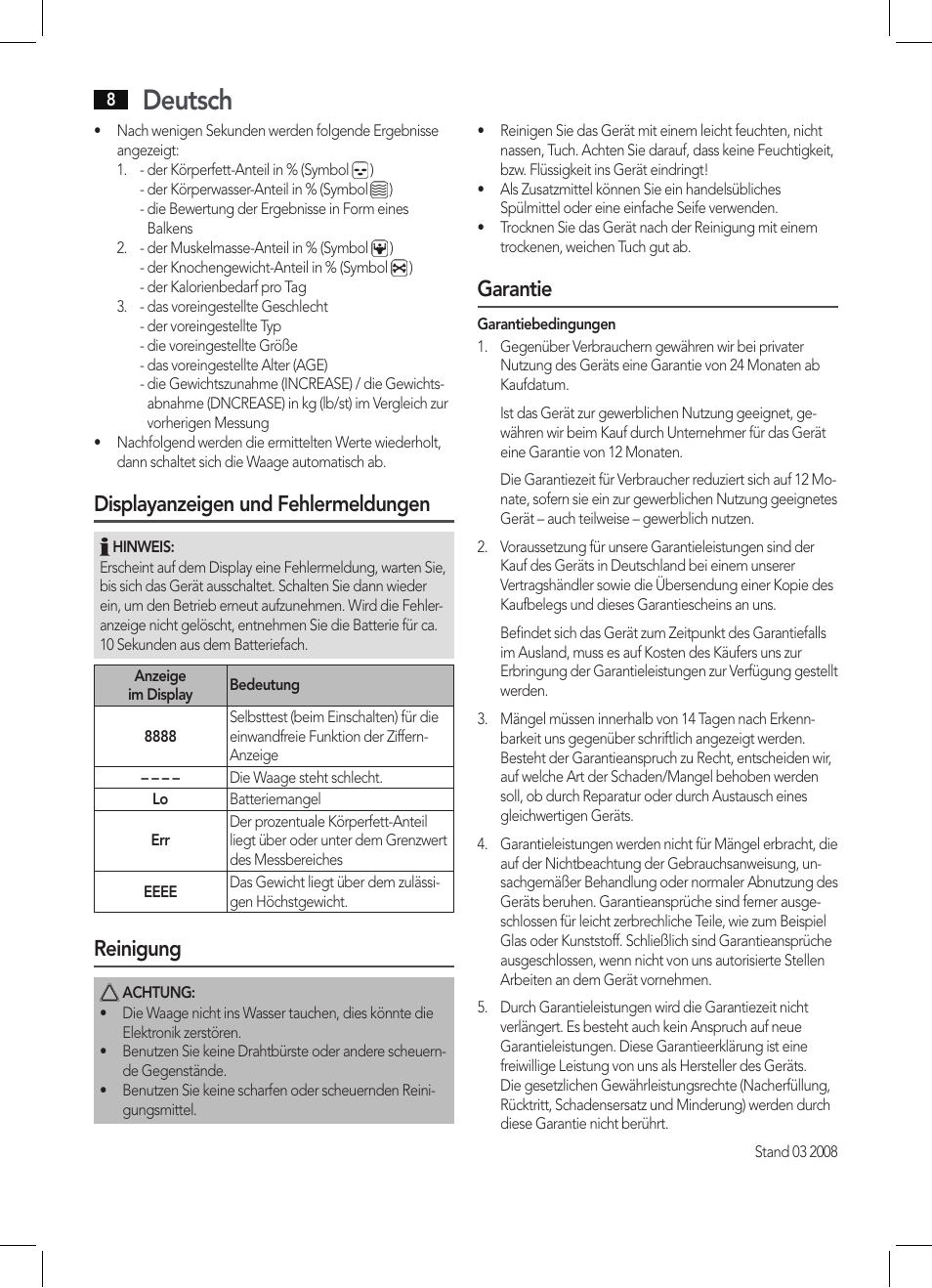 Deutsch, Displayanzeigen und fehlermeldungen, Reinigung | Garantie | AEG PW 5571 FA User Manual | Page 8 / 62