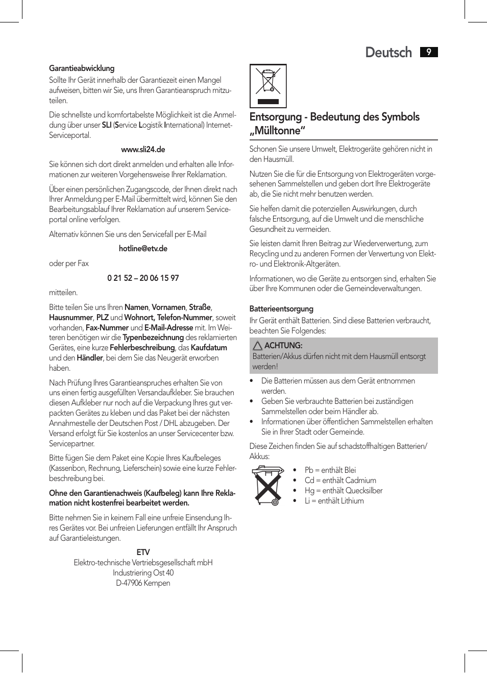 Deutsch, Entsorgung - bedeutung des symbols „mülltonne | AEG PW 5571 FA User Manual | Page 9 / 62