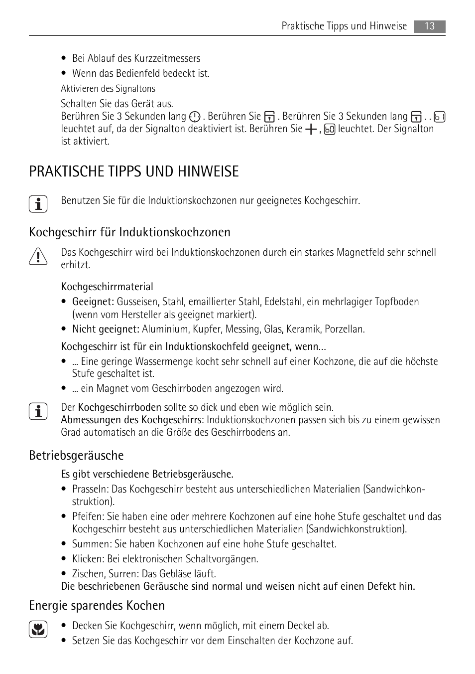 Praktische tipps und hinweise, Kochgeschirr für induktionskochzonen, Betriebsgeräusche | Energie sparendes kochen | AEG HC652600EB User Manual | Page 13 / 64
