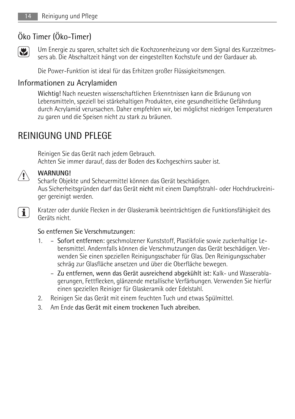Reinigung und pflege, Öko timer (öko-timer), Informationen zu acrylamiden | AEG HC652600EB User Manual | Page 14 / 64