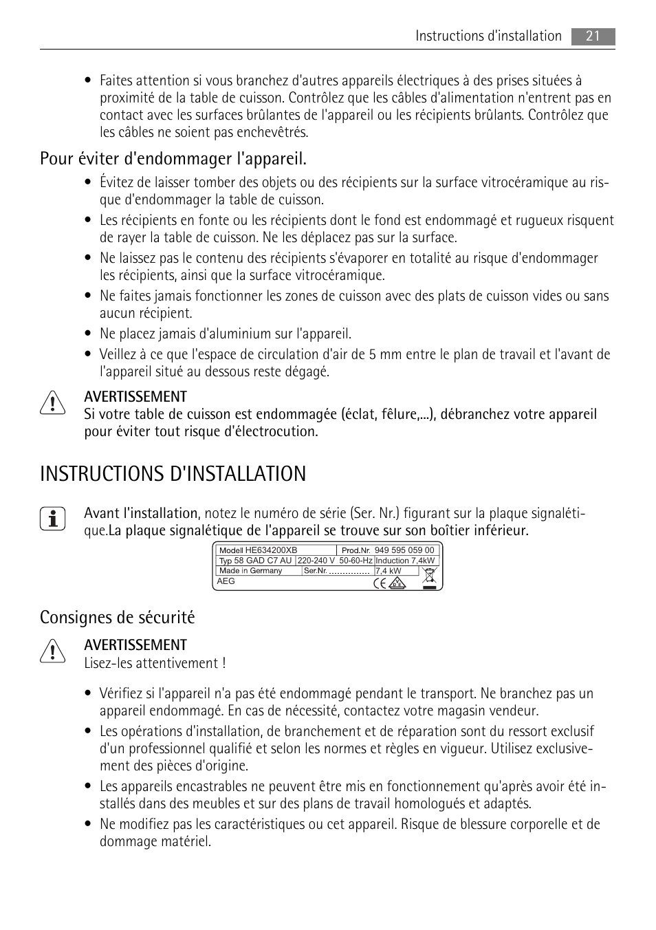 Instructions d'installation, Pour éviter d'endommager l'appareil, Consignes de sécurité | AEG HC652600EB User Manual | Page 21 / 64