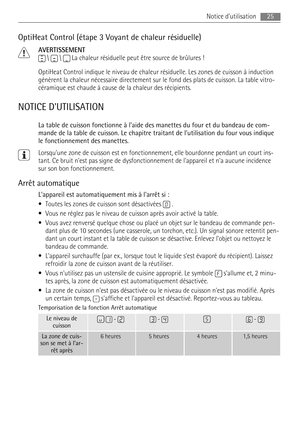 Notice d'utilisation, Arrêt automatique | AEG HC652600EB User Manual | Page 25 / 64