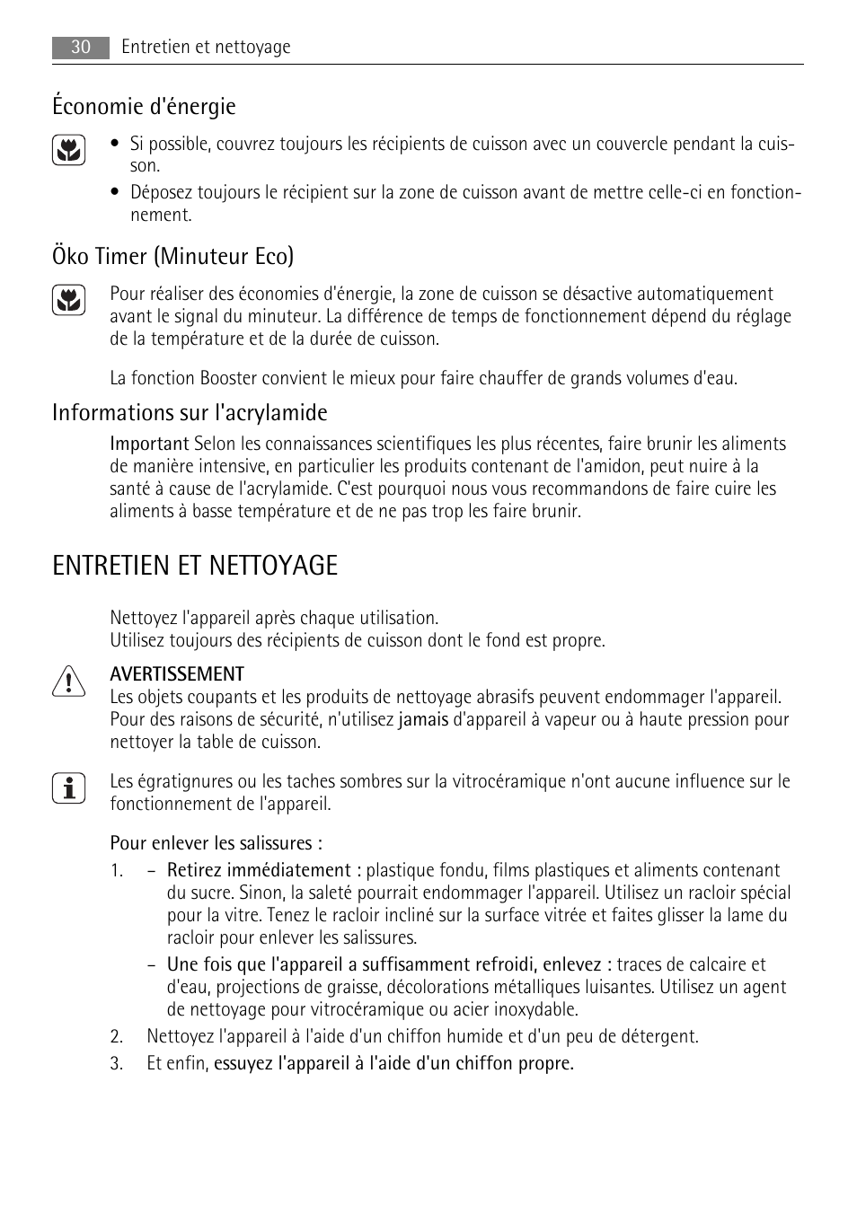 Entretien et nettoyage, Économie d'énergie, Öko timer (minuteur eco) | Informations sur l'acrylamide | AEG HC652600EB User Manual | Page 30 / 64