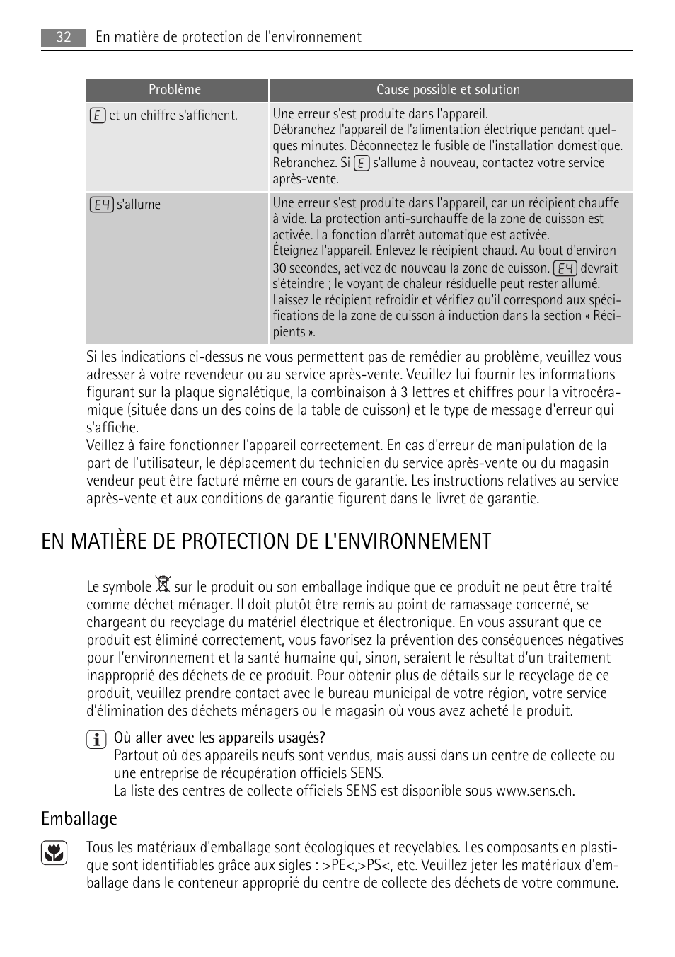 En matière de protection de l'environnement, Emballage | AEG HC652600EB User Manual | Page 32 / 64