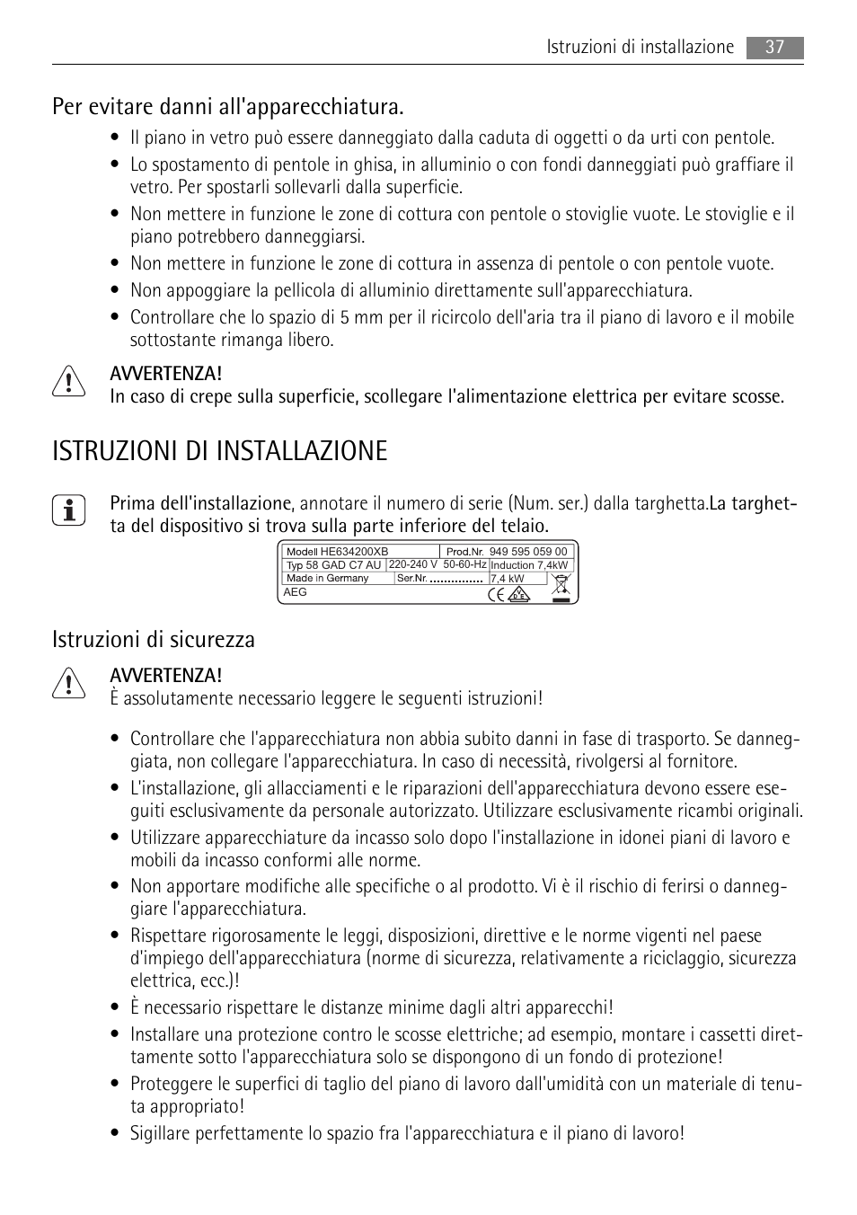 Istruzioni di installazione, Per evitare danni all'apparecchiatura, Istruzioni di sicurezza | AEG HC652600EB User Manual | Page 37 / 64