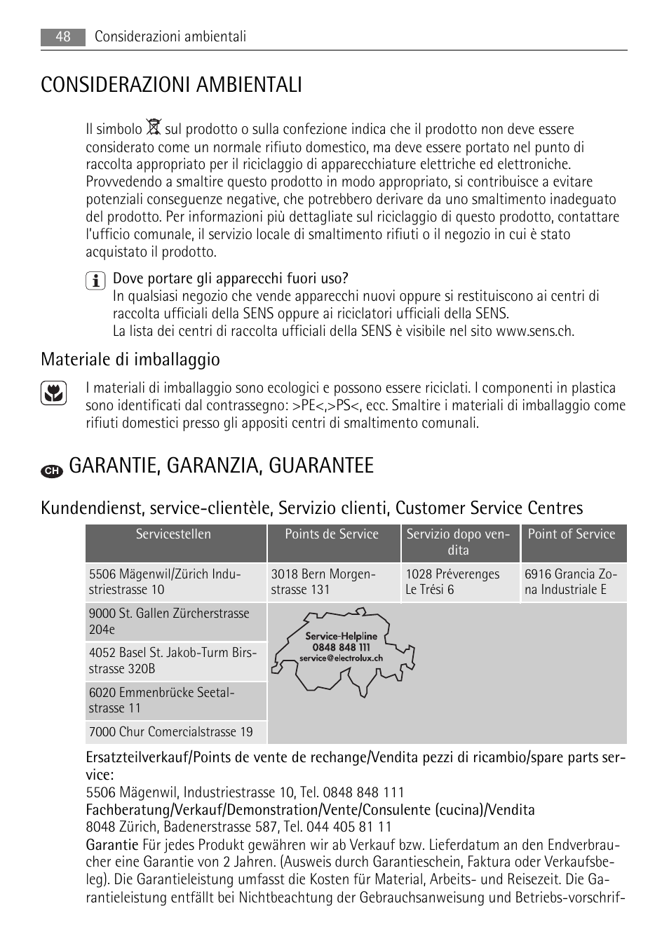 Considerazioni ambientali, Garantie, garanzia, guarantee, Materiale di imballaggio | AEG HC652600EB User Manual | Page 48 / 64