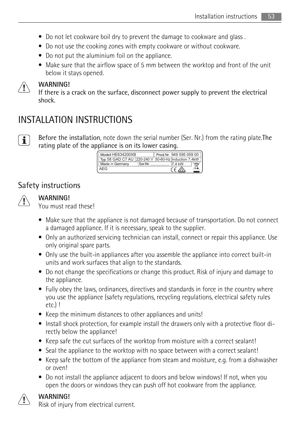 Installation instructions, Safety instructions | AEG HC652600EB User Manual | Page 53 / 64