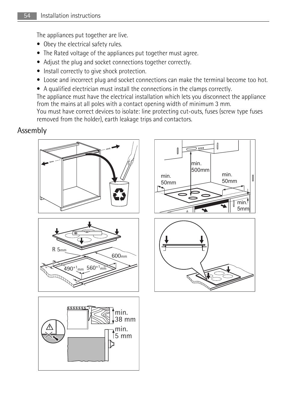 Assembly, Min. 38 mm min. 5 mm | AEG HC652600EB User Manual | Page 54 / 64