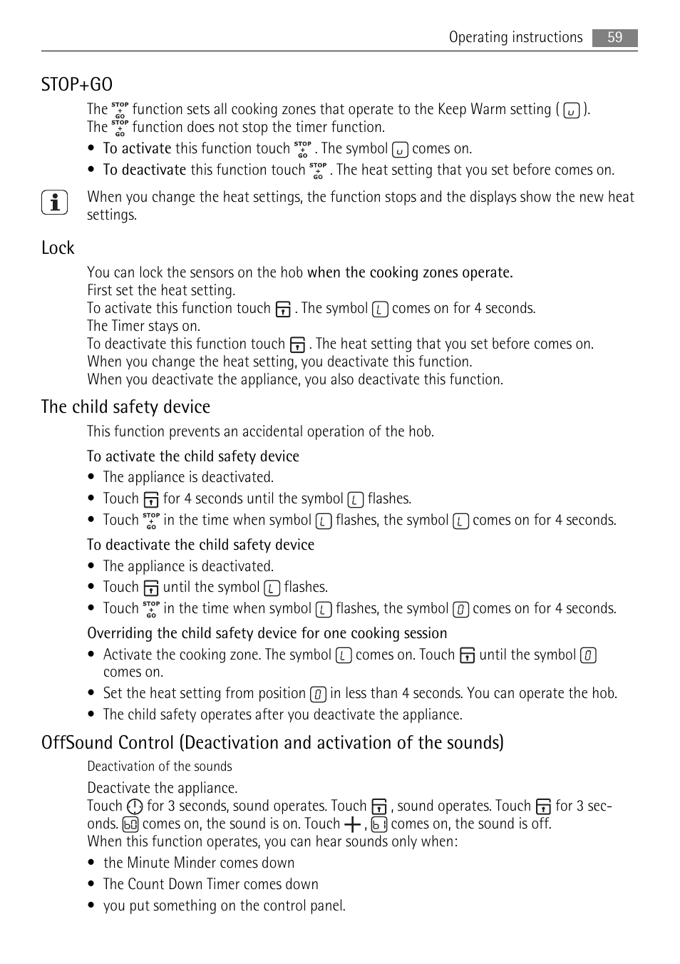 Stop+go, Lock, The child safety device | AEG HC652600EB User Manual | Page 59 / 64